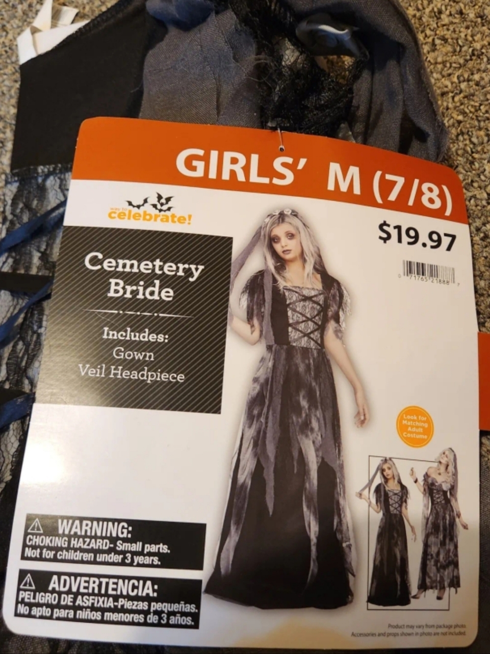 Halloween NWT Girls' Cemetery Bride Costume - Black/Grey (M 7/8)